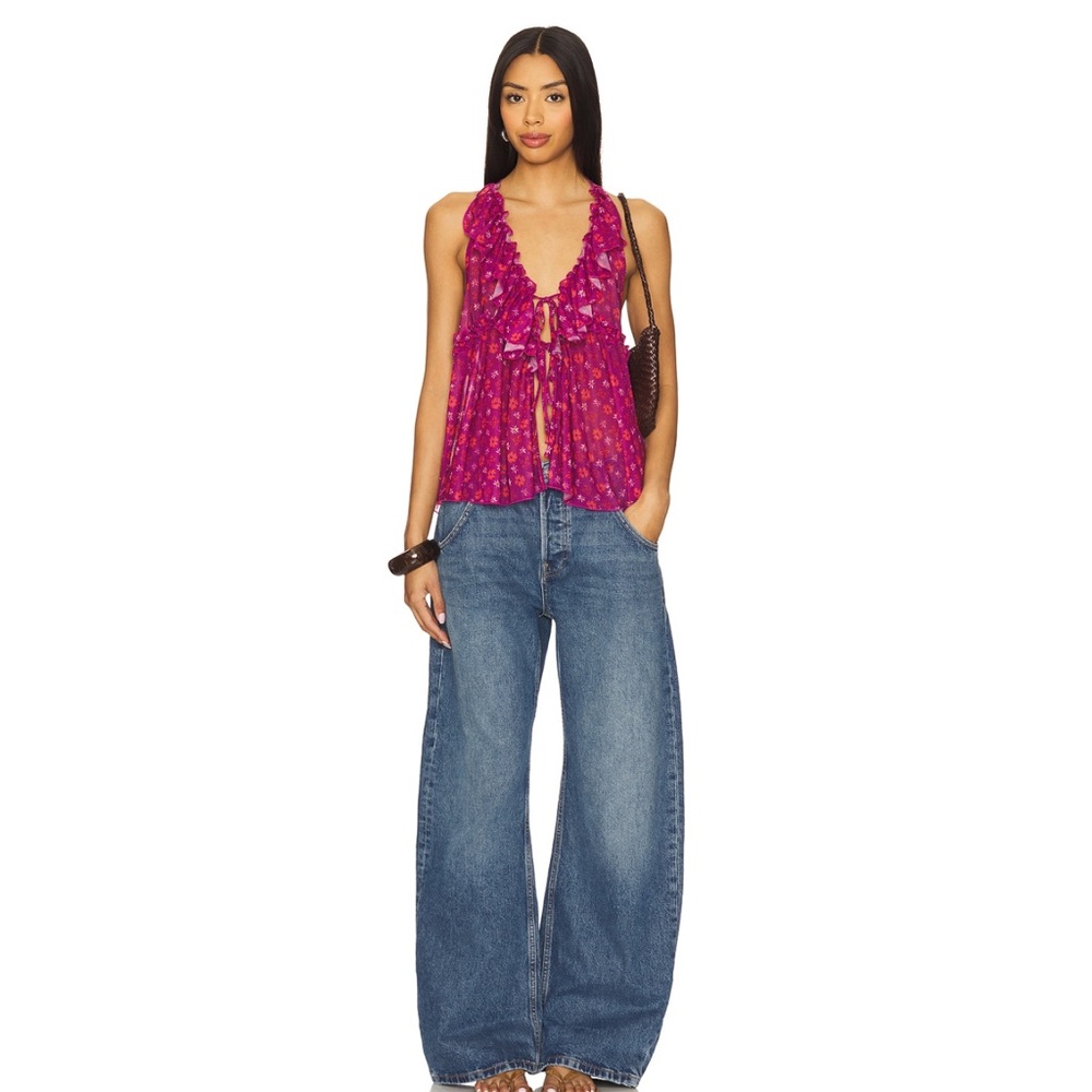 Free People Fearless Ruffle Racerback Tank Top Dragonfruit Combo Size XL